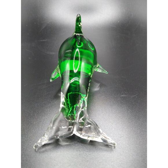 Glass Art Diving Dolphin Figurine Paperweight Green & Clear w/ Controlled Bubble - Picture 4 of 7